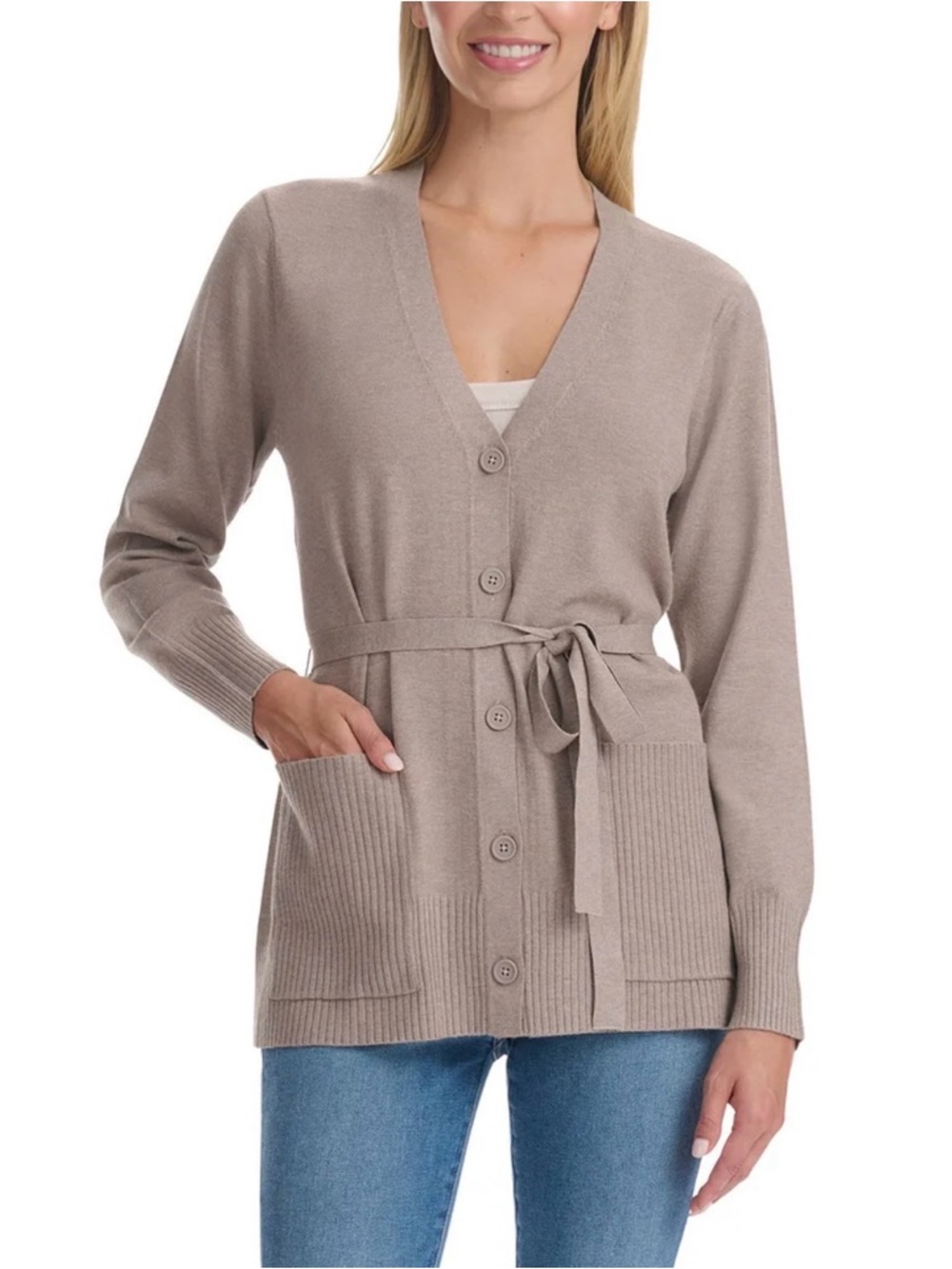 Splendid Neutral Tan V-Neck Belted Cardigan
